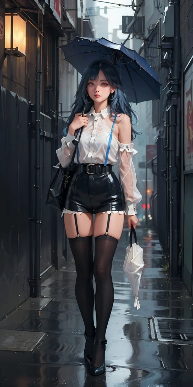 (best quality, masterpiece: 1.3), 1girl, rainy day, fog, alley, umbrella holding, large and transparent umbrella, looking at the viewer, blue hair, facing the photo, cyberpunk city, alone in the alley, neon in the alley, very reflective city, long hair, sized strands going over the alley, bars, Japan, Tokyo, garter belt on one leg, knee pad on the other leg, perfect hand, delicate, night