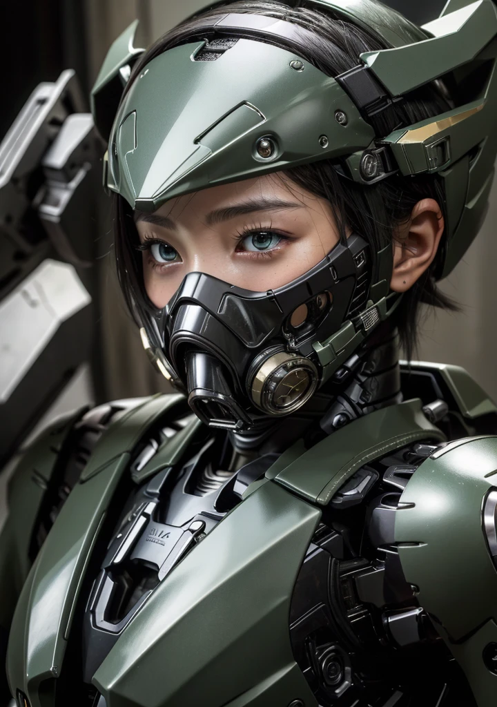 Textured skin, Very detailed, Attention to detail, high quality, 最high quality, High resolution, 1080P, hard disk, beautiful,(War Machine),beautifulサイボーグ女性,Mecha Cyborg Girl,Battle Mode,Girl with a mechanical body　Black Hair　Short Hair Boyish　Dark green armor　Soaked Face　Change is over　Met Off　Steam coming out of the head　whole bodyから湯気が吹き出す　Feel the expression　Please open your mouth wide　Snug-fitting headgear　Long Nozzle Gas Mask　Holding a full-face helmet in your hand　front　whole body　I can see your face through the visor
