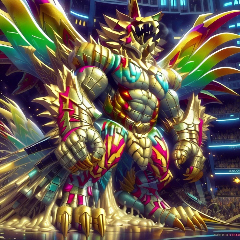 (masterpiece. official art. 8k. best quality. detailed full body. full body.)

(situation 1 : dominating The Phoenix Wolf. The Phoenix Wolf is over 1000 meters long. focus GIANT mechanical Muscular The Phoenix Wolf is trampling the car. Looking down.)

(situation 2 :smoke and flames rising from the destruction in the city)

(Additional details 1: Wearing golden Armor. Cape. Helmet. real texture material. whole body shines like metal. emphasizes the muscles. suit fully made of metal.Robotic suit).

(Additional details 1.5: The arms are golden. The lower half of the body is golden. The wolf-shaped helmet has sharp fangs. The whole body is golden. The chest area is also golden. There is a ring above the head.).

(Additional details 2: Detailed head. Detailed Body. Detailed abs. gigantic muscles. HYPER MUSCLES. Gigachad Muscular. big muscle. pecs. triceps. traps. unusually developed muscular body. body full of huge muscles. showing off muscles. pectorales enormes. Exaggeratedly huge muscles. huge muscles. long legs.).

(Additional details 3: Spread wings. It has wings. The claws are sharp. Sharp teeth.). He is laughing defiantly. The claws are sharp. Sharp teeth.). 

(Additional details 3.5 : nj5furry,  He is laughing defiantly. medieval armor.). 

(Additional details 4: golden dick, golden cock, golden hyper penis. hyper golden penis. big penis)

(Additional details 6 : Spraying hyper cum up everywhere into the sky from his erect penis. wide spray of cum, covered in cum, cum splashing in front of camera, crowd of naked muscular male spectators, bukkake, City is under a thick later of cum.)