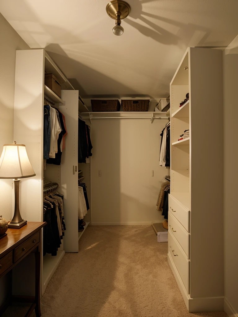 room in a house with a closet in the background and a lamp