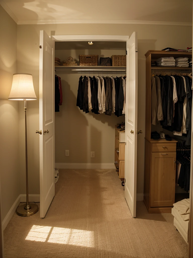 room in a house with a closet in the background and a lamp