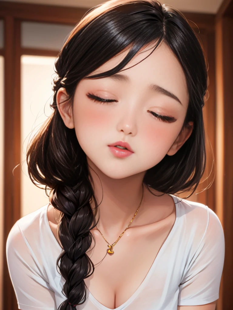 Stunning Beauty sexy Chinese voluptuous young girl, black braided hair, white thin t-shirt, close-up on face, eyes closed, blushing cheeks, glossy pink lips parted for a kiss, flawless glowing pale white skin, beautiful neck.