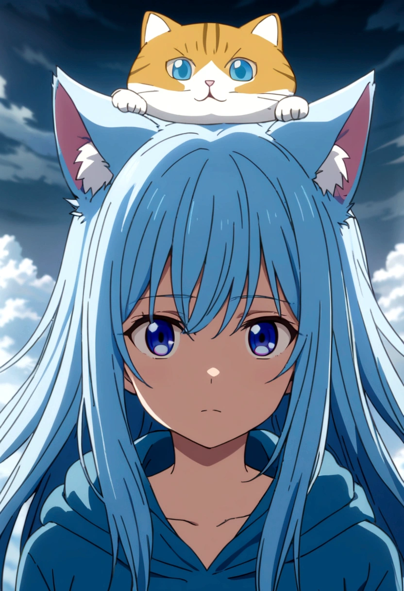 girl, light blue hair, shoulder length hair, wearing a blue hoodie, light blue eyes, there are cat ears on the head, anime