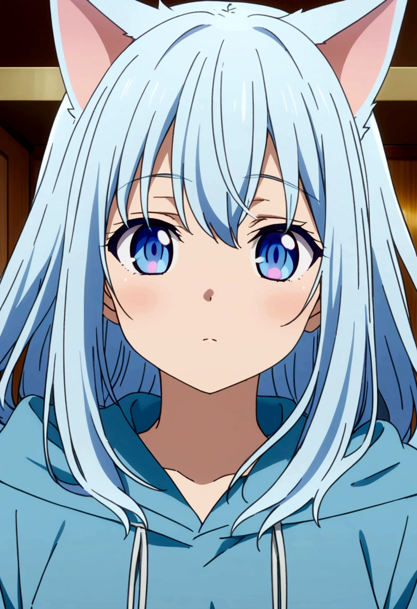 girl, light blue hair, shoulder length hair, wearing a blue hoodie, light blue eyes, there are cat ears on the head, anime