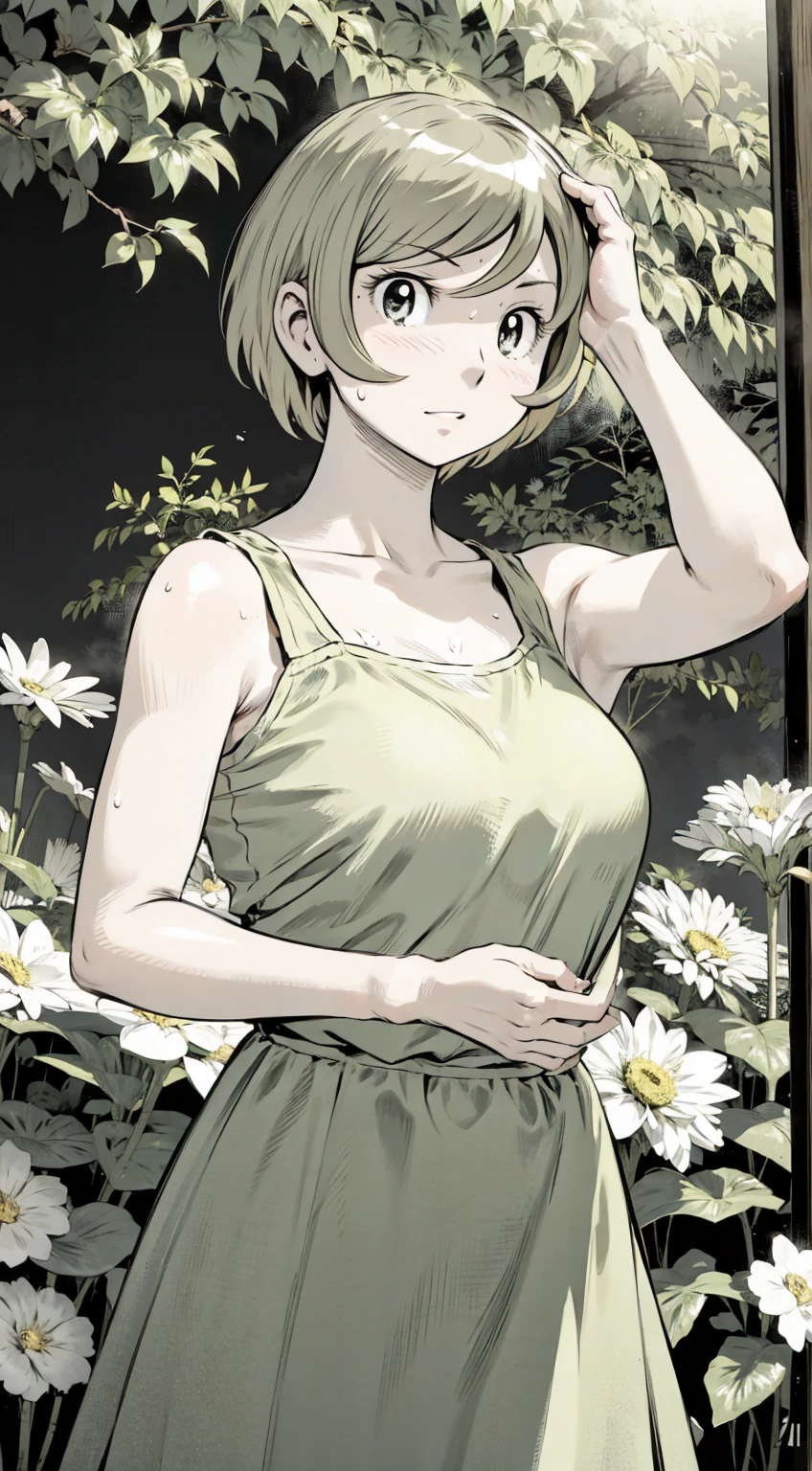 、(masterpiece、Highest quality)、Highest quality, Ultra-high resolution, (((masterpiece))), alone, Sweat、Big eyes, Please show me your armpits, No sleeve、Outdoor、Floral dress、Composition from the front、(Cut the back hair short、short hair、blonde、woman)、Shortcuts、Embarrassed face、Cut your hair short、可愛いwomanの子、Big Breasts