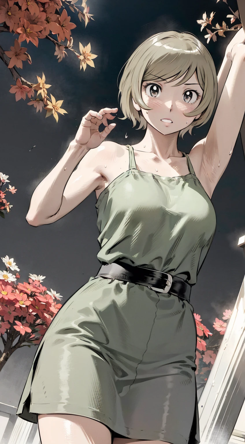 、(masterpiece、Highest quality)、Highest quality, Ultra-high resolution, (((masterpiece))), alone, Sweat、Big eyes, Please show me your armpits, No sleeve、Outdoor、Floral dress、Composition from the front、（Cut the back hair short、short hair、blonde、woman）、Shortcuts、Embarrassed face、Cut your hair short、可愛いwomanの子、Big Breasts