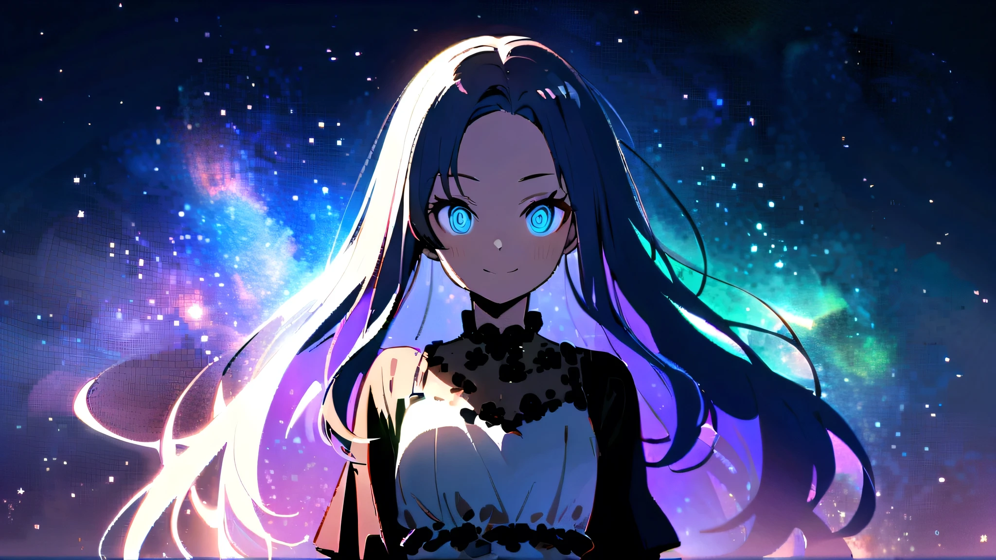 16k, (double exposure:1.05 silhouette: 1.1) (many detailed particles light) (background is Galaxy Nebula, many:1.4 Particles Colorful Light), wearing layered one piece dress, 15 yo, frontale forehead blue hair long hair, lovely blue @_@eyes girl, love smile.