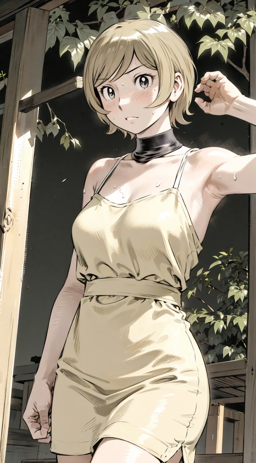 、(masterpiece、Highest quality)、Highest quality, Ultra-high resolution, (((masterpiece))), alone, Sweat、Big eyes, No sleeve、Outdoor、Floral dress、Composition from the front、（Cut the back hair short、short hair、blonde、woman）、Shortcuts、Embarrassed face、Cut your hair short、可愛いwomanの子、Big Breasts、NSFW