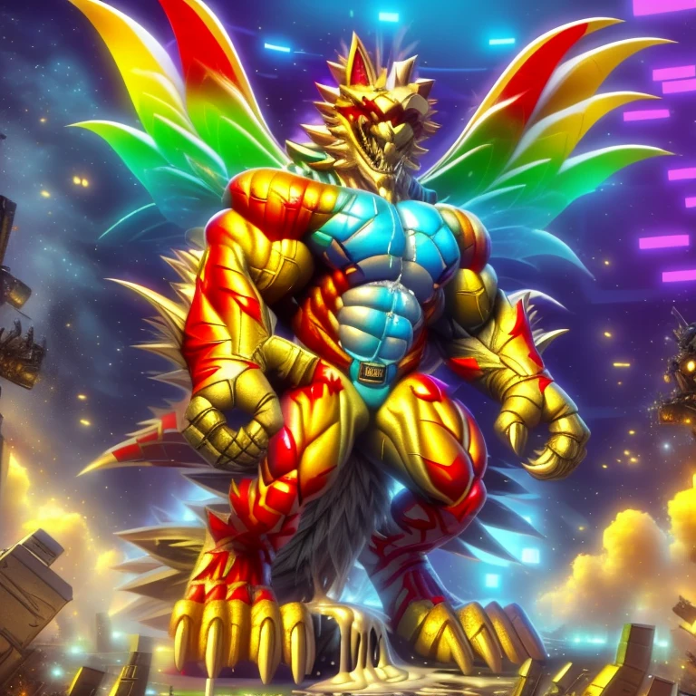 (masterpiece. official art. 8k. best quality. detailed full body. full body.)
(situation 1 : dominating The Phoenix Wolf. The Phoenix Wolf is over 1000 meters long. focus GIANT mechanical Muscular The Phoenix Wolf is trampling the car. Looking down.)
(situation 2 :smoke and flames rising from the destruction in the city)
(Additional details 1: Wearing golden Armor. Cape. Helmet. real texture material. whole body shines like metal. emphasizes the muscles. suit fully made of metal.Robotic suit).
(Additional details 1.5: The arms are golden. The lower half of the body is golden. The wolf-shaped helmet has sharp fangs. The whole body is golden. The chest area is also golden. There is a ring above the head.).
(Additional details 2: Detailed head. Detailed Body. Detailed abs. gigantic muscles. HYPER MUSCLES. Gigachad Muscular. big muscle. pecs. triceps. traps. unusually developed muscular body. body full of huge muscles. showing off muscles. pectorales enormes. Exaggeratedly huge muscles. huge muscles. long legs.).
(Additional details 3: Spread wings. It has wings. The claws are sharp. Sharp teeth.). He is laughing defiantly. The claws are sharp. Sharp teeth.).
(Additional details 3.5 : nj5furry, He is laughing defiantly. medieval armor.).
(Additional details 4: golden dick, golden cock, golden hyper penis. hyper golden penis. big penis)
(Additional details 6 : Spraying hyper cum up everywhere into the sky from his erect penis. wide spray of cum, covered in cum, cum splashing in front of camera, crowd of naked muscular male spectators, bukkake, City is under a thick later of cum.)