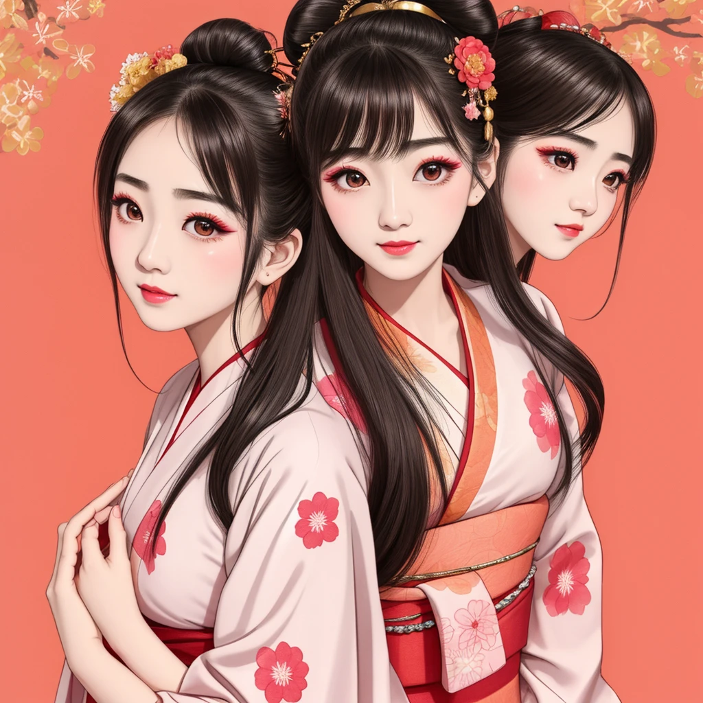 Each has a different expression２People and sisters、(２ girls）、｟Dancing traditional arts with grace)、((Big Breasts、Small Face、Not exposed))、Highest quality、masterpiece、（Black Hair、Bun Hair）、Brown Eyes、｟Wide angle、Angle from above the waist、雑誌の表紙のPause、Their gazes are different, staring into the distance｠、(８K High Quality、masterpiece、High resolution、Realistic and beautiful light and shadow、(Highest quality)、(High Resolution)、(Very delicate and beautiful)、(Beautiful 8k face)、(With a smile、Beautiful eyes)、(Clear skin)、(Soft hair)、(８Head to Body)、(A Japanese style yukata kimono with red, pink and orange floral patterns on a white background, interspersed with gold powder、Wearing a yukata２Beautiful Japanese girls)、((Tanabata decoration background))、((Small Face))、(arms up)、Thin and small nose、（Red lipstick）、（Make your cheeks red）、（Glossy skin）、((Ink painting style))、Very thin eyebrows、Overall ultra-high image quality、（She is wearing maiko-style makeup.）、Whitening、Long and beautiful eyelashes、Glowing Skin、（Red cheeks）,Straight nose、masterpiece、Highest quality、whole body、 Eyebrows visible through hair、Bun Hair、Grin、Gal、コGal、Viewer&#39;s Eyes、Plaid、Stylish、woman、fine、Pause、
Waiting to start 

