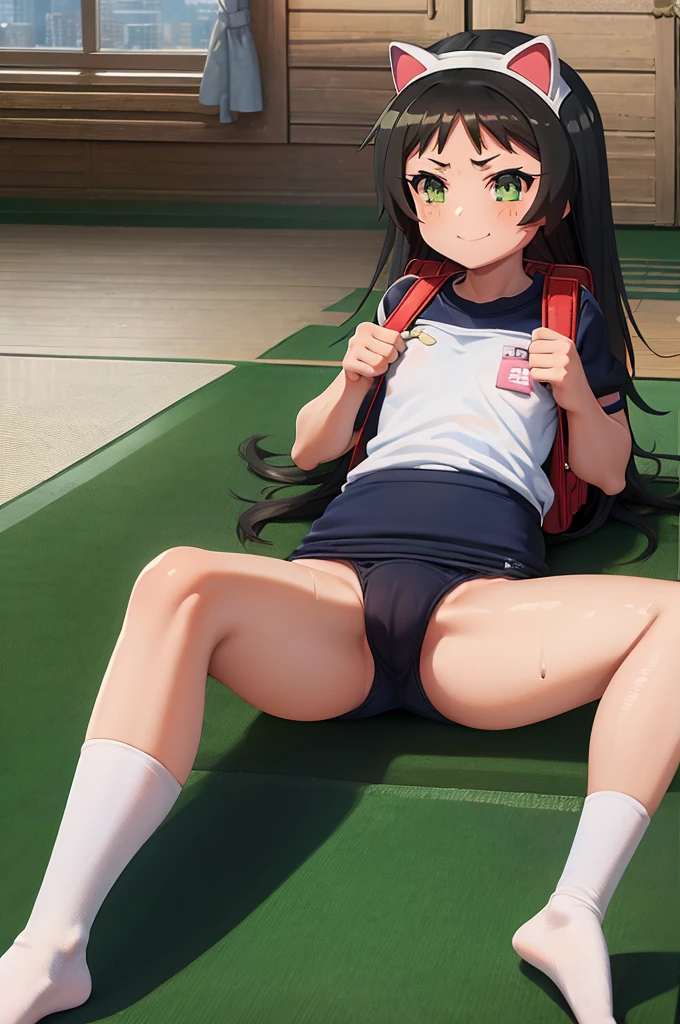 masterpiece, ultra quality, ultra sharp, ultra detailed, 1girl, solo, (((good anatomy))), haduki kurumi, (tattered torn dripping wet white gym shirt), navy gym pants, animal ears, randoseru, name tag, Japanese anime pose, laugh, BurumaShorts, Buruma, Gym Uniform, (((lying:1.4,  spread_legs, legspread, split_legs, spreading legs)), (randoseru backpack:1.4), (smirk smile), buruma, blue buruma, black buruma, (cameltoe), (tattered torn short sleeve white gym uniform with colored hem), (tiny nipples), (white long loose socks), strong lighting, legspread, bukkake, cum on clothes, cum on legs, cum on buruma, cum on bloomers,