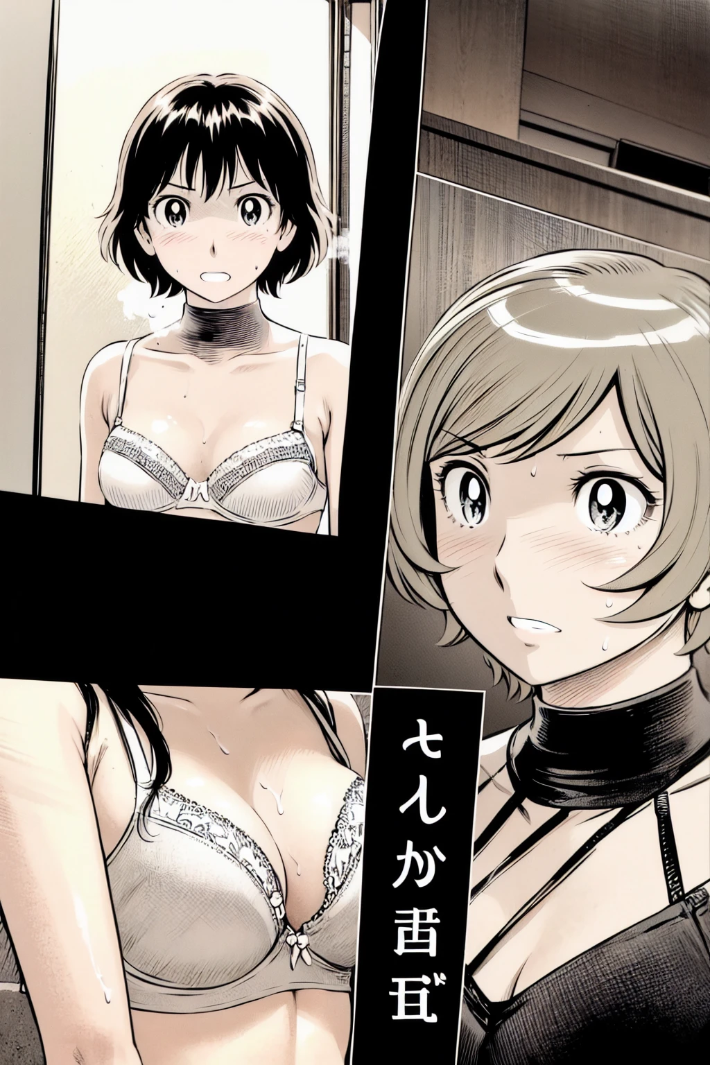 、(masterpiece、Highest quality)、Highest quality, Ultra-high resolution, (((masterpiece))), alone, Sweat、Big eyes, In underwear、bra、Panties、Small underwear、Composition from the front、(Cut the back hair short、short hair、blonde、woman)、Shortcuts、Embarrassed face、Cut your hair short、可愛いwomanの子、Big Breasts