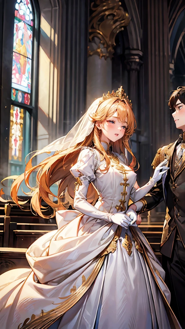 In front of the majestic church altar、(Blurred Background)、Bright light、golden long hair girl、classic white wedding dress、(Elegant luster)、(Lots of races)、Lots of ribbons、((Voluminous puff sleeves))、Long cuffs with lots of buttons、Gold embroidery、Long train、White embroidered gloves、Five Fingers、(Sexual climax), Redness on the cheeks, ((1 boy, A boy is grabbing a girl's breasts from behind:1.8)), (Raise the hand:1.4)