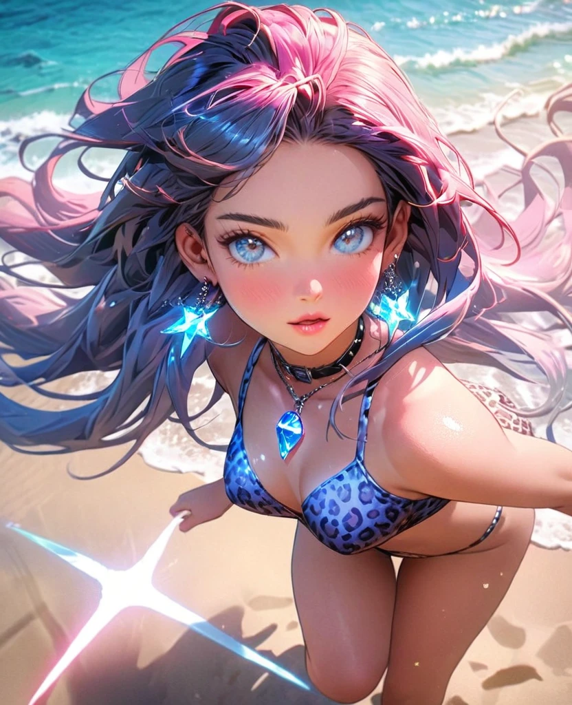 8K,gal,Beautiful and realistic skin,Shiny jewel-like earrings,glowing tattoo,Long colerful hair,blue eyes,Sparkling landscape,whole body,Leopard print swimsuit,Beach
