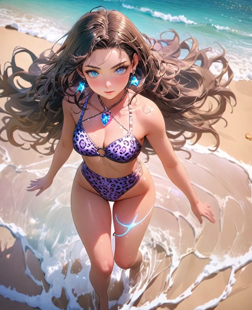 8K,gal,Beautiful and realistic skin,Shiny jewel-like earrings,glowing tattoo,Long colerful hair,blue eyes,Sparkling landscape,whole body,Leopard print swimsuit,Beach
