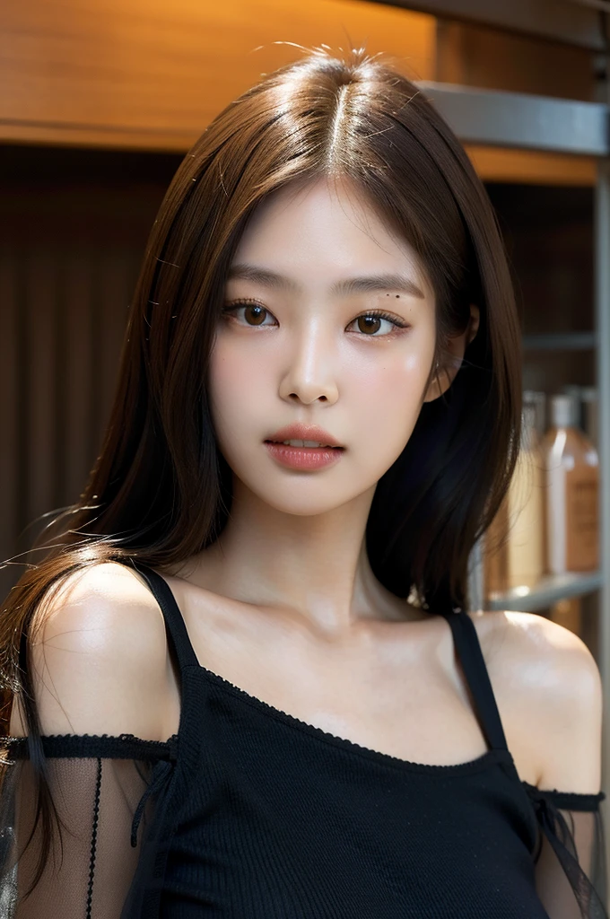 Best quality, masterpiece, ultra high res, (photorealistic:1.4), raw photo,1girl, solo, realistic, lips, looking at viewer, teeth, long hair, parted lips, nose, upper body, brown hair, simple background, brown eyes, black dress,  