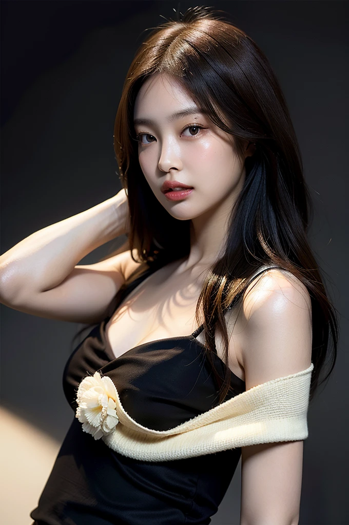 Best quality, masterpiece, ultra high res, (photorealistic:1.4), raw photo,1girl, solo, realistic, lips, looking at viewer, teeth, long hair, parted lips, nose, upper body, brown hair, simple background, brown eyes, black dress,