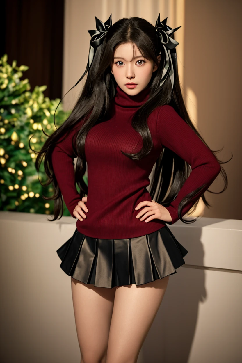 1girl, Katara, only, long hair, messy hair, red sweater, No bra, Looking at viewer, blue background, black hair, simple background, turtleneck, blue eyes, minora, attractive smile, sexually aroused, voyeurism, ribbon hair, bangs, turtleneck sweater, separated bangs, black ribbon, ribbed sweater, nose, legs, NSFW, seductive pose, No pants, naked under sweater, touches her pussy, no panties, photorealistic, photography, 35mm, nikon