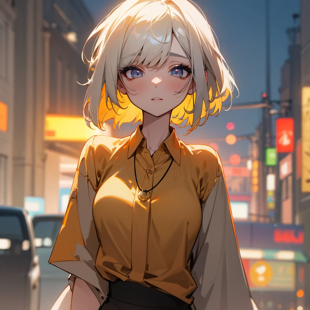 Curly Bob Cut, A platinum-haired woman in an orange collared shirt poses for a photo in the city, 8k art germany bokeh, well-proportioned body, 美しいKorean women, Gorgeous Necklace, 美しい若いKorean women, Soft Portrait Shot 8k, Korean Girls, Double eyelids and narrow eyes, beautiful grey eyes, Trans8K, Cute young woman, Korean women, Beautiful blonde girl