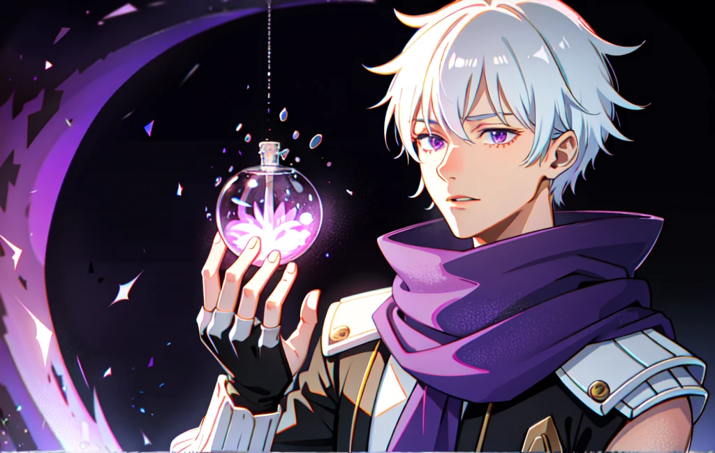 1 male, white hair, handsome, purple eyes, Hand holding a scientific flask, Moderate breath ,scarf, science laboratory background, medicine stall, Trial bottle, light particles, Magical light, daytime