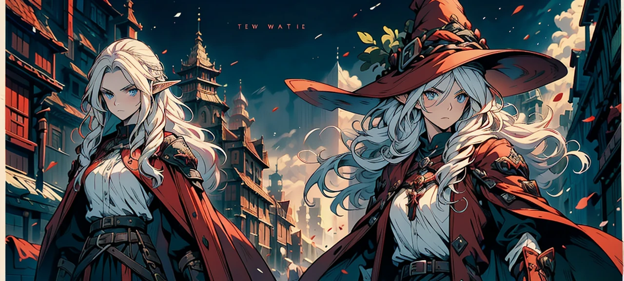 Young 20s handsome elf ,man, long red and white hair, wearing black wizard outfit, with serious face, blue eyes, character, anime, RPG, hand-drawn, high details, medieval city background