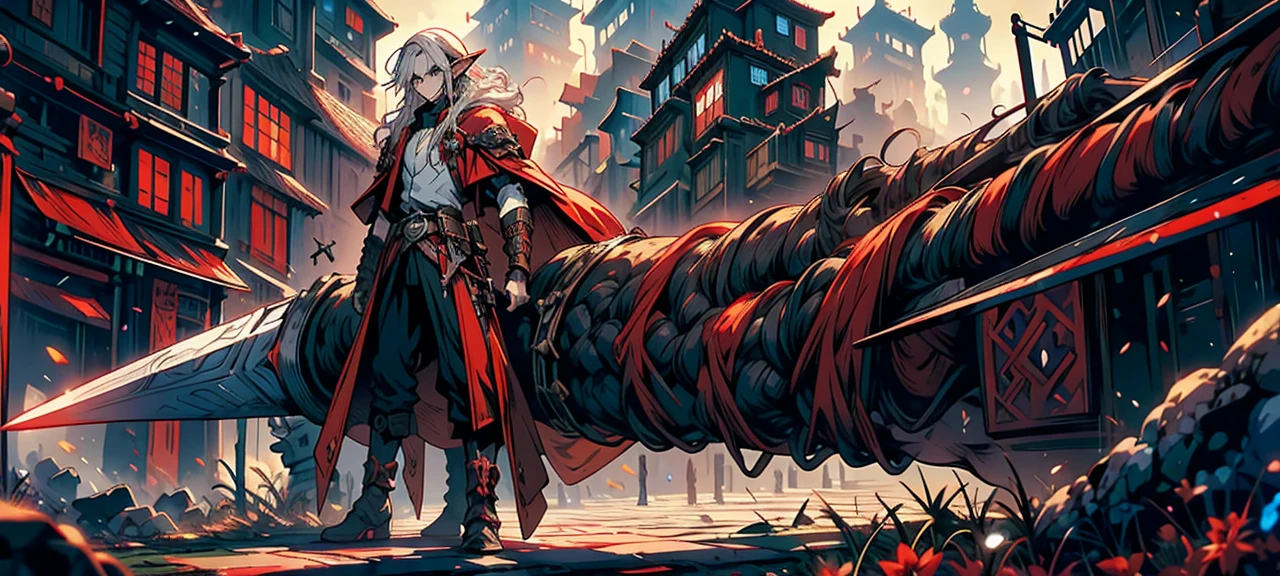 Young 20s handsome elf ,man, long red and white hair, wearing black wizard outfit, with serious face, blue eyes, character, anime, RPG, hand-drawn, high details, medieval city background