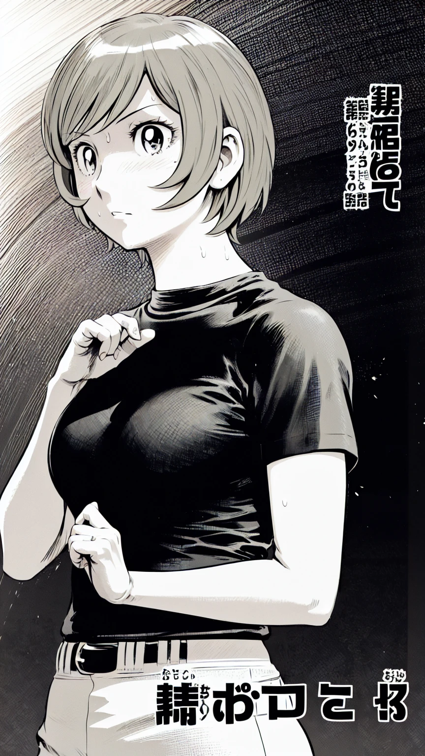 (野球uniform:1.2),
Blonde Hair, (short hair:1.2),Long sleeve, Black Shirt, turtleneck,White trousers、uniform、Black belt、((Illustration of people))、Big Boobs、
View Audience,, (Highest quality:1.3),One Girl, White pants、uniform、Outdoor、baseball ground、ground、soil、blue eyes、Tight black shirt、(masterpiece、Highest quality)、Highest quality, Ultra-high resolution, (((masterpiece))), alone, Sweat、Big eyes、Big Breasts、One Girl, Front view、Embarrassed face、Bronze colored hair、((short hair))、Stand up straight