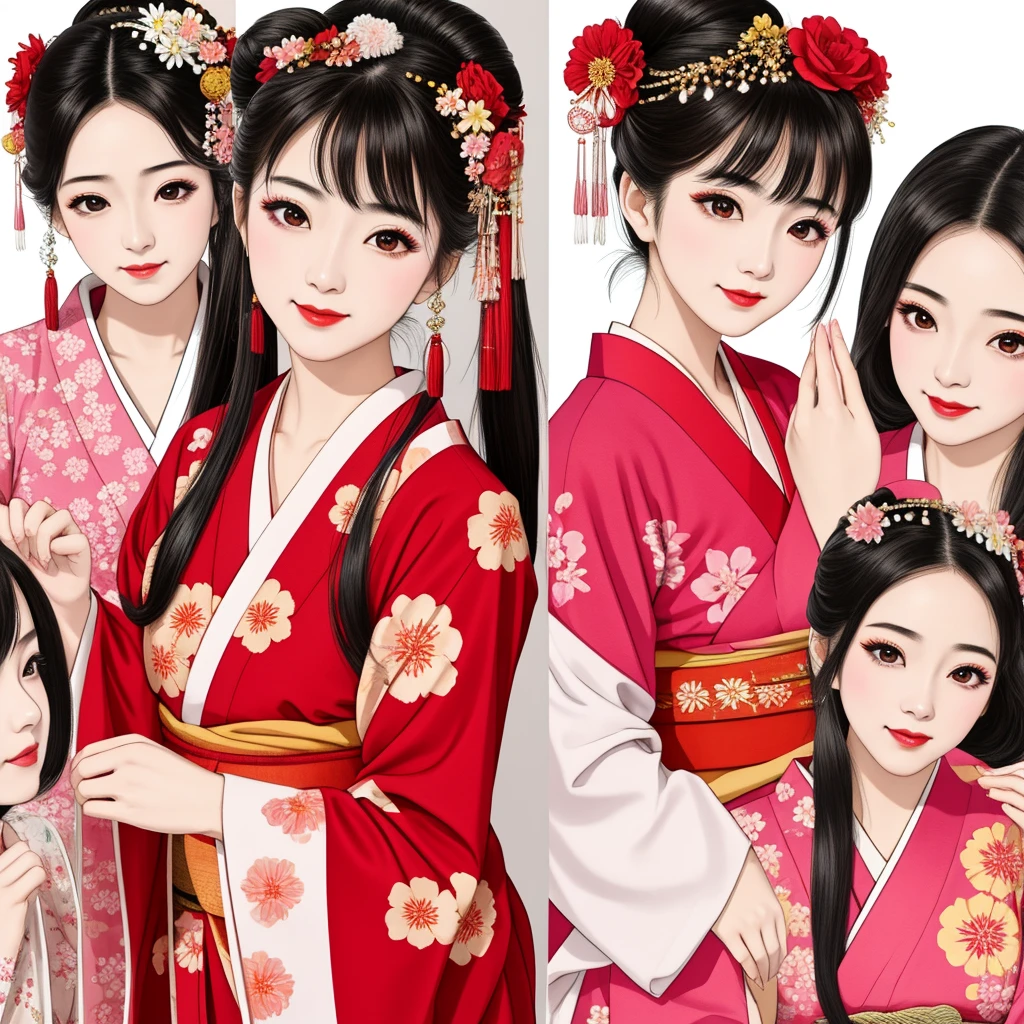 7 sisters, 7 girls with different faces and expressions, dancing gracefully, small faces, top quality, masterpieces, black hair, bun hair, wide angle, diagonally above the waist, magazine cover pose, 8K high resolution, Masterpiece, high resolution, realistic and beautiful light and shadow, top quality, high resolution, very delicate and beautiful, beautiful 8K face, smile and smile. Seven beautiful Japanese girls with eyes, transparent skin, soft hair, eight heads, Japanese style kimonos with red, pink and orange floral patterns on a white background, yukatas, small faces, thin and small noses, red lipstick , glossy skin, very thin eyebrows, overall super high resolution, Maiko-style makeup, fair skin, long and beautiful eyelashes, glossy skin, red cheeks, holding a flower hat prop in one hand, dance, Kasa Odori, Kasanihi Odori, Japan Dance, festival, movie poster style