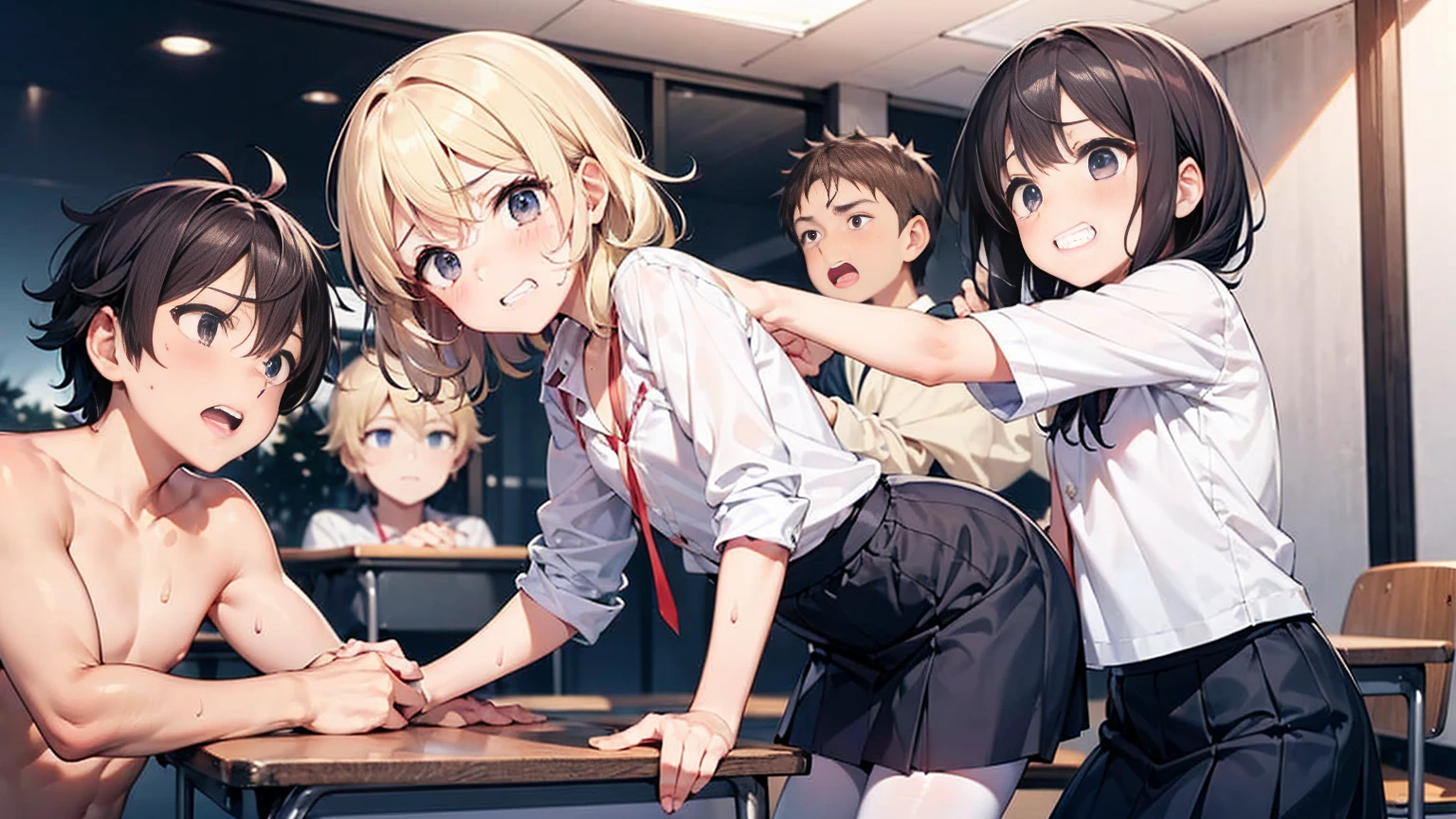 Highest quality,Highest quality,One Girl,Several boys,(((()))),  Surrounded by boys,Flat Chest,orgasm,blush, Sweat, Sakurai Momoka,blonde,White Sarah Outfit,Navy Blue Skirt, Not a long pleated skirt,whole body,night classroom, Grey pantyhose、Navy Blue Skirtをめくる、Spread your legs