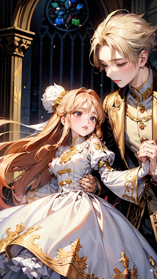 In front of the majestic church altar、(Blurred Background)、Bright light、golden long hair girl、classic white wedding dress、(Elegant luster)、(Lots of races)、Lots of ribbons、((Voluminous puff sleeves))、Long cuffs with lots of buttons、Gold embroidery、Long train、White embroidered gloves、Five Fingers、(Sexual climax), Redness on the cheeks, ((1 boy, A boy is grabbing a girl's breasts from behind:1.8)), (Raise the hand:1.4)