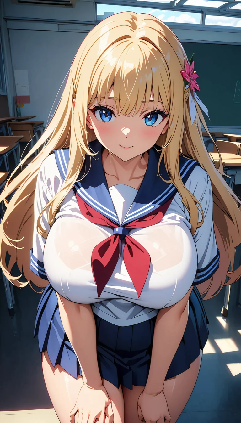 (Anime works, Anime Style, Studio Anime, Very detailed, Latest, Vibrant, Anime Coloring, High Contrast, masterpiece:1.2, Highest quality, Best aesthetics), A woman wearing a sailor suit, Pleated skirt,Skirt flip、 Big Breasts, hair accessory, Thighs glimpsed,White see-through panties、 blonde, Straight long hair, Perfect proportions, Skin with attention to detail, cute, Detailed face, Random sexy poses, School classroom, Accurate Fingers,