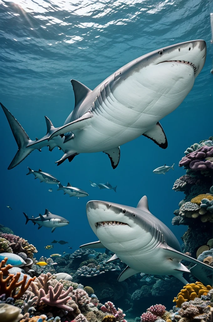 Create an image of a shark next to a reef chatting with a small crab
