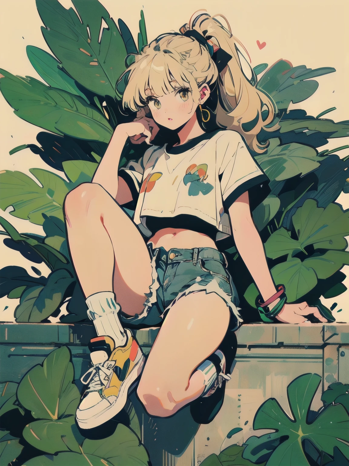 blonde, ponytail, Blunt bangs, Yellow Eyes, Yellow eyelashes, Beautiful Girls in Anime, Clean small surfaces, ((Emphasis on lips)), 1 cute girl, Adult Gal、Highest quality、ウルトラ - High resolution、High resolution、Detailed CG、8k unit wallpaper、23 years old、beautifullyて美しい目, (((A simple white crop top、Denim shorts、loose socks、Tech Sneakers))))、 ((Japanese light novel covers)), A girl jumps out of a botanical world, Ultra-detailed botanical references, Maximalist Botany, beautifully、Aesthetically beautiful illustration masterpiece, Topaz AI Post Editing, Blue birds and blue butterflies flying, Background is white, william morrisのパターン, Image of Mucha, 