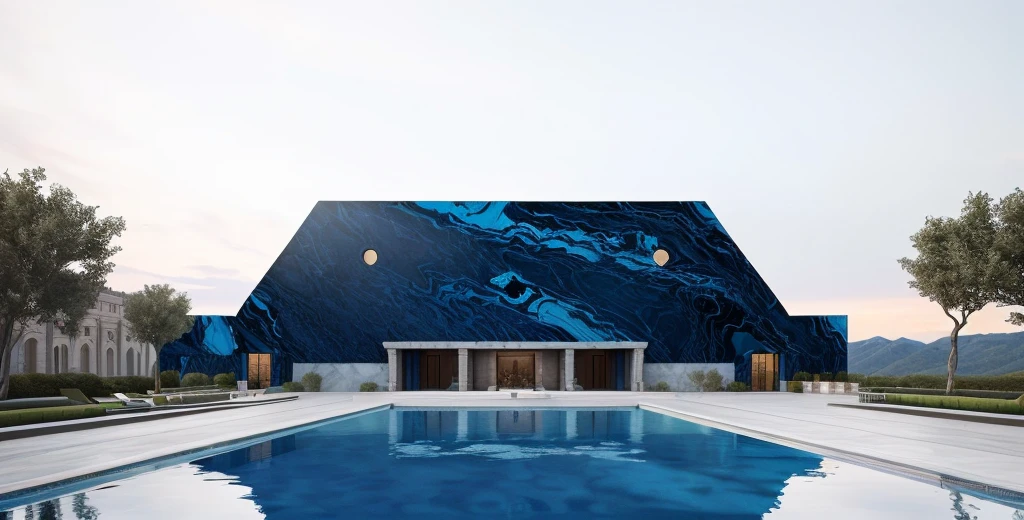 Michelangelo's painting style, a blue-roofed building with a large pool in front, tall obsidian buildings,