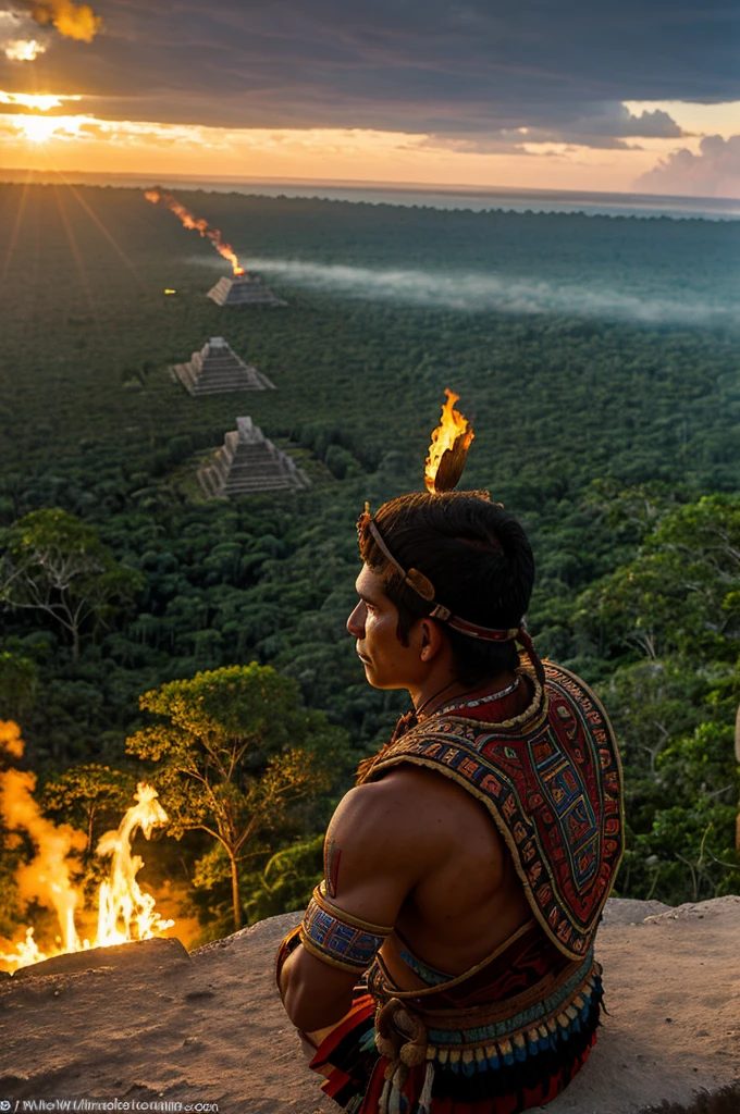 a mayan warrior, in the middle of a war, watching the battle from the top of the Mayan pyramids, wearing the characteristic Mayan clothing, in the background it has the sun setting and fires caused by the war, an eagle flies over the battle