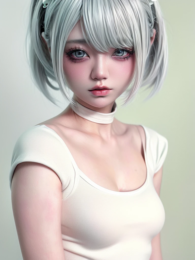 (((amount、white 、Asian woman、beautiful girl、、Silver Hair、white Background、)))、Tabletop, Highest quality, shape, Very detailed, finely, High resolution, 8k wallpaper, Perfect dynamic composition, finelyて美しい目, Deco Out, ((Medium hair 1.5)),((( Small breasts 1.5,Slender Body Type 1.5)))、 Natural color lip,white Background, Random cute poses,、(((Punk Fashion 1.5)))、、whiteのハイレグ1.4
