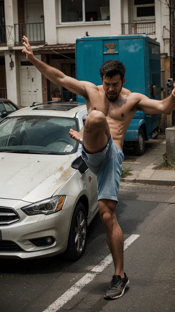 Angry man kicking raggedy car