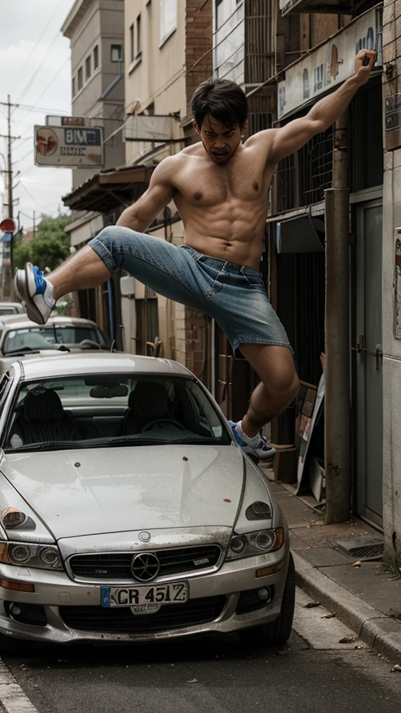 Angry man kicking raggedy car