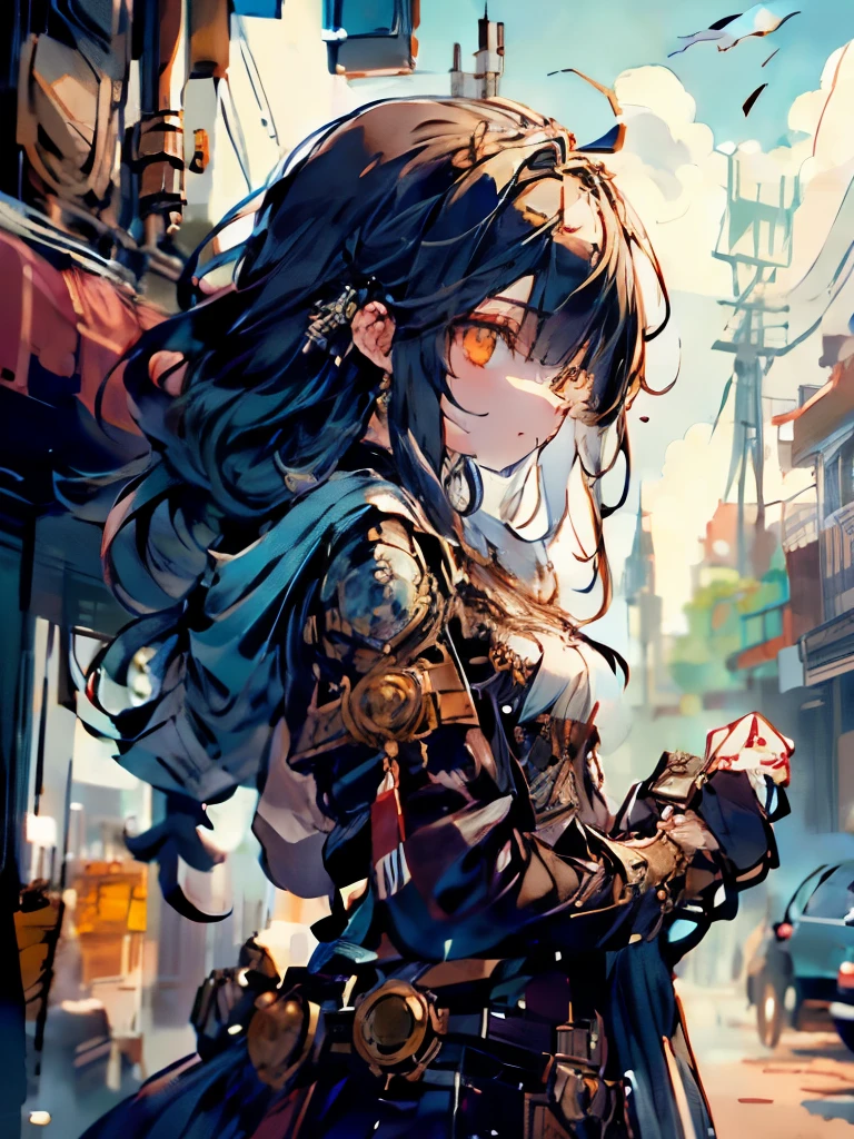 masterpiece、girl、Black Hair、Long Hair、Riding on motorcycle、steampunk、Upper Body