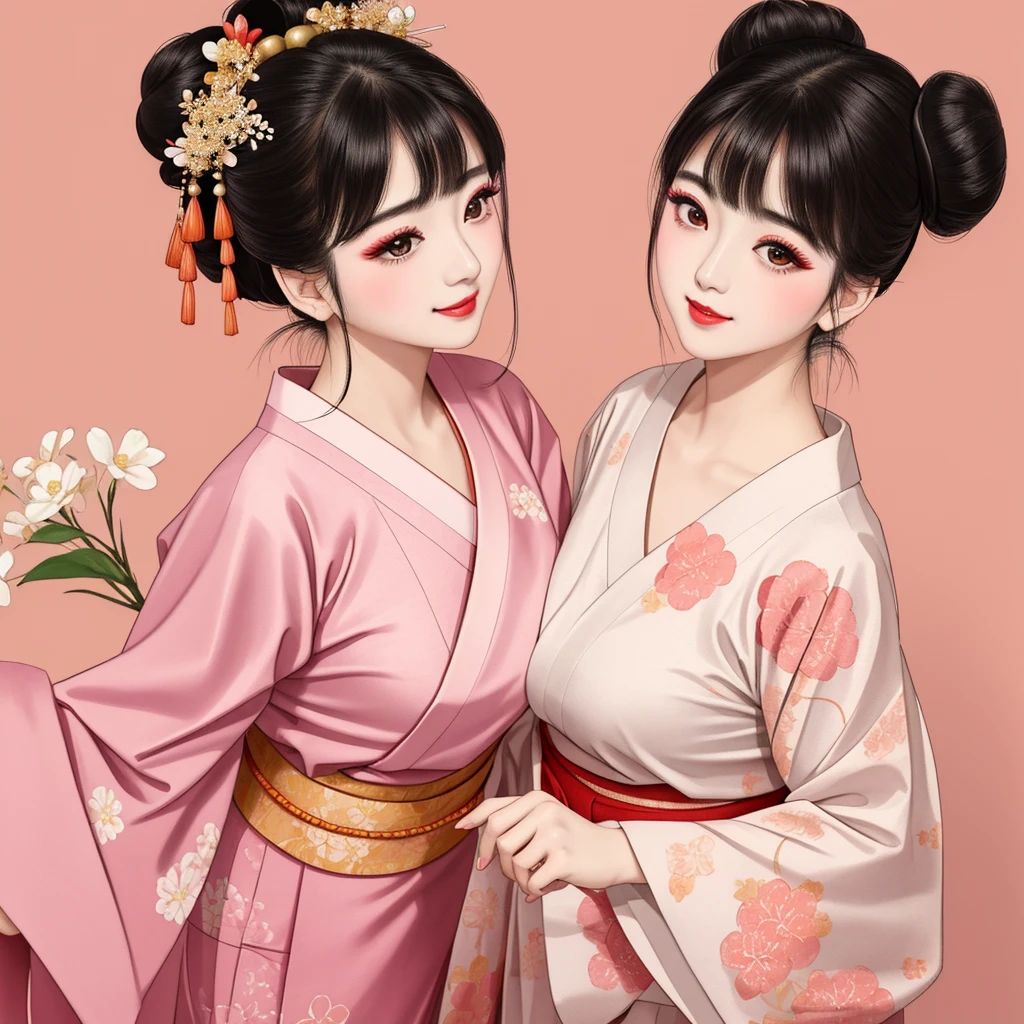 Each has a different expression２People and sisters、(２ girls）、｟Dancing traditional arts with grace)、((Big Breasts、Small Face、Not exposed))、Highest quality、masterpiece、（Black Hair、Bun Hair）、Brown Eyes、｟Wide angle、Angle from above the waist、雑誌の表紙のPause、Their gazes are different, staring into the distance｠、(８K High Quality、masterpiece、High resolution、Realistic and beautiful light and shadow、(Highest quality)、(High Resolution)、(Very delicate and beautiful)、(Beautiful 8k face)、(With a smile、Beautiful eyes)、(Clear skin)、(Soft hair)、(８Head to Body)、(A Japanese style yukata kimono with red, pink and orange floral patterns on a white background, interspersed with gold powder、Wearing a yukata２Beautiful Japanese girls)、((Tanabata decoration background))、((Small Face))、(arms up)、Thin and small nose、（Red lipstick）、（Make your cheeks red）、（Glossy skin）、((Ink painting style))、Very thin eyebrows、Overall ultra-high image quality、（She is wearing maiko-style makeup.）、Whitening、Long and beautiful eyelashes、Glowing Skin、（Red cheeks）,Straight nose、masterpiece、Highest quality、whole body、 Eyebrows visible through hair、Bun Hair、Grin、Gal、コGal、Viewer&#39;s Eyes、Plaid、Stylish、woman、fine、Pause、
Waiting to start 
