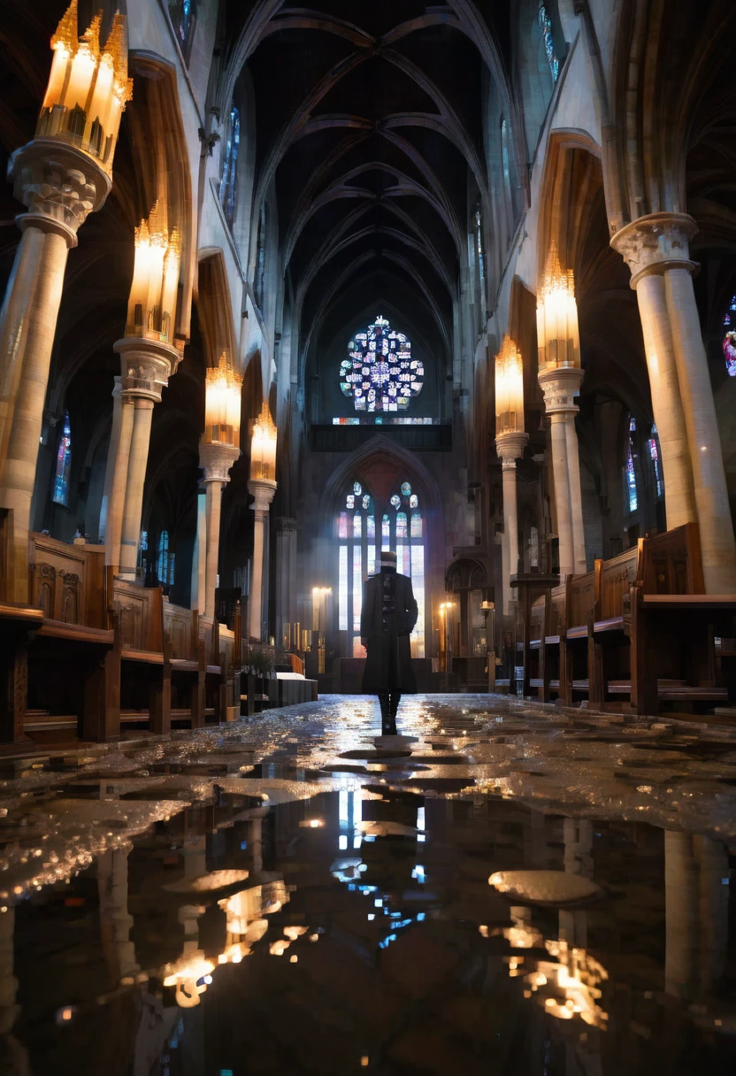 fisheye lens, fashion man standing inside a gothic church, wet stone, puddles, infinite vaults, bloodborne, dramatic light, low key, candle light
