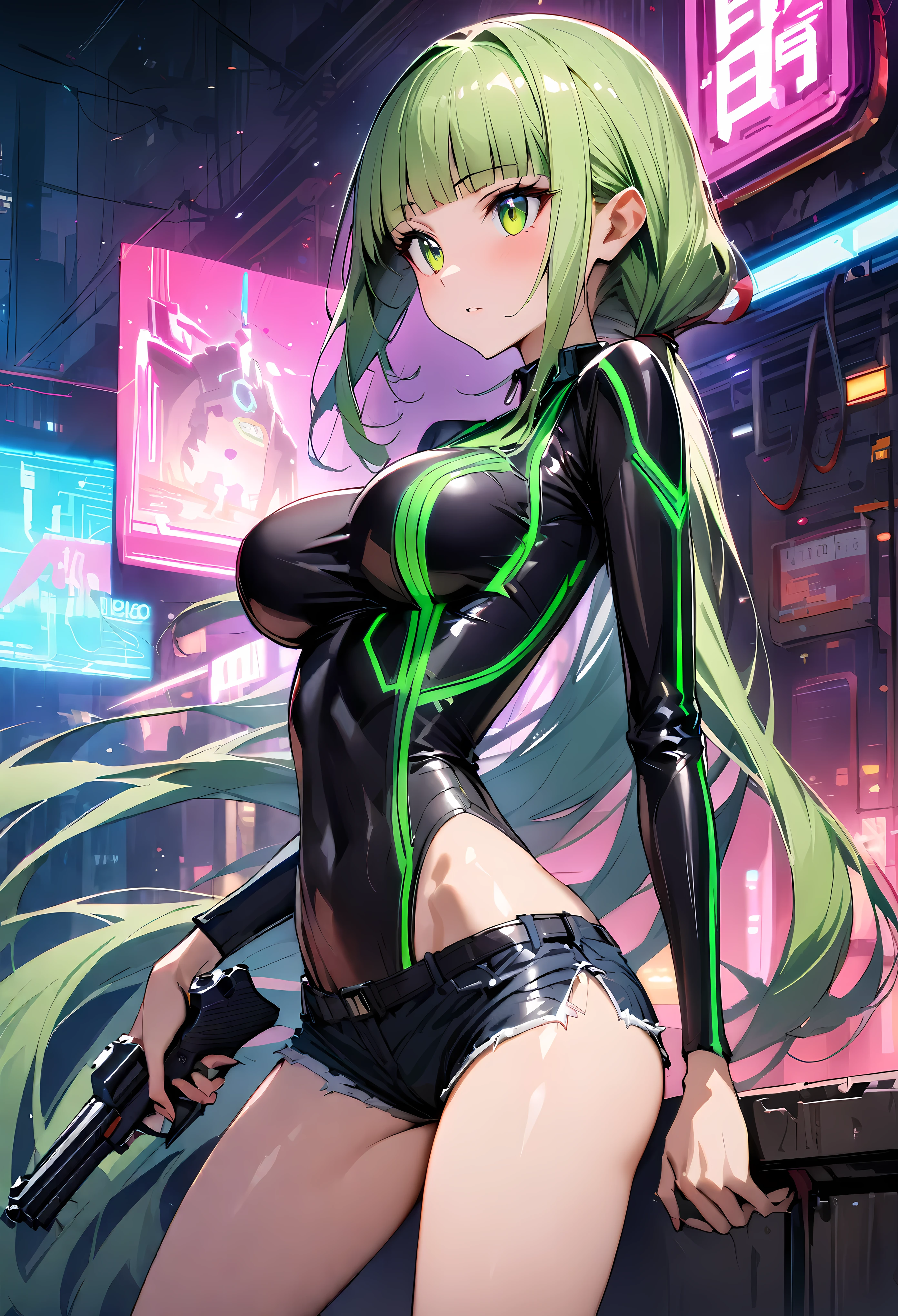 ((masterpiece,Highest quality:1.3)),cowboy shot,1woman,30 year old beauty,Investigator、solo,((very small head:1.3)),green hair,(low ponytail),long hair,blunt bangs,green eyes,gorgeous eyes,medium breasts,((very long body:1.2)),((toned body,slender body,skinny)),gleaming skin,shiny skin,((Black leather bodysuit、Long sleeve,Micro Shorts))、barefoot、Black leather combat boots、Holding a handgun in your hand、standing,Metropolis、neon、cyber punk、World of Blade Runner、