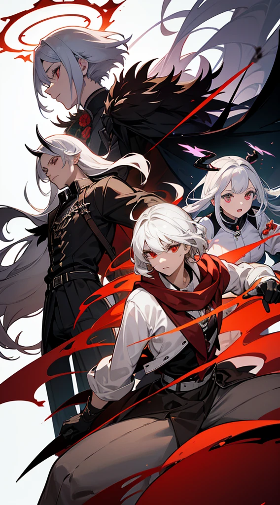 character sheet, character design, multiple angles, full body, book cover, artistic image, five characters, one male demonic angel character, Handsome man, white hair, very short hair, ((crew cut: 1)) , red eyes, fair skin, ((muscular: 1)), male, 28 years old, muscular, in good shape, muscular. golden details, brown leather shawl, baggy gray pants, black and brown belts, black boots, brown gloves, many belts, red halo, halo behind the head, horns on the head, chaos angel transformation, black feathers, white feathers, light elemental power, shadow elemental power, a chaos seraph, several skeleton hands, death power, life power. ((four female characters, four women with white hair, a woman with flames, queen of summer. a vampire woman with ice, queen of winter. a woman with monstrous roses, queen of spring. a woman with beetles, queen of the plague. ))