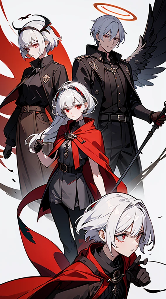 character sheet, character design, multiple angles, full body, book cover, artistic image, five characters, one male demonic angel character, Handsome man, white hair, very short hair, ((crew cut: 1)) , red eyes, fair skin, ((muscular: 1)), male, 28 years old, muscular, in good shape, muscular. golden details, brown leather shawl, baggy gray pants, black and brown belts, black boots, brown gloves, many belts, red halo, halo behind the head, horns on the head, chaos angel transformation, black feathers, white feathers, light elemental power, shadow elemental power, a chaos seraph, several skeleton hands, death power, life power. ((four female characters, four women with white hair, a woman with flames, queen of summer. a vampire woman with ice, queen of winter. a woman with monstrous roses, queen of spring. a woman with beetles, queen of the plague. ))