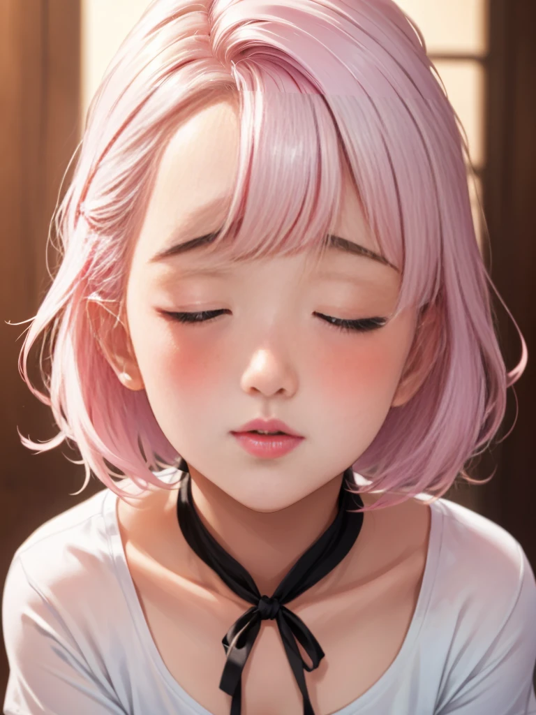 (master piece: 1.1) BREAK (mina ashido) BREAK detailed face, yellow eyes, high detailed eyes, ((pink skin, detailed yellow eyes)), high details on eyes, black pupils, ((IncrsHeadpatPOV, headpat, pov)), wearing casual shirt, mature body, horns on head, colored pink skin, flawless fingers, ideal hand structure, she is getting a pat on the head, she is embarassed, (detailed yellow eyes), detailed face, high details on face, ((flushed face)), blush, bright eyes, lewd face, anime style, soft lighting, bedroom, pink bedroom, perfect_enviroment, above view,