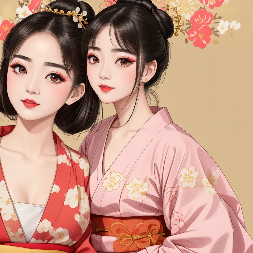 Each has a different expression２People and sisters、(２ girls）、｟Dancing traditional arts with grace)、((Big Breasts、Small Face、Not exposed))、Highest quality、masterpiece、（Black Hair、Bun Hair）、Brown Eyes、｟Wide angle、Angle from above the waist、雑誌の表紙のPause、Their gazes are different, staring into the distance｠、(８K High Quality、masterpiece、High resolution、Realistic and beautiful light and shadow、(Highest quality)、(High Resolution)、(Very delicate and beautiful)、(Beautiful 8k face)、(With a smile、Beautiful eyes)、(Clear skin)、(Soft hair)、(８Head to Body)、(A Japanese style yukata kimono with red, pink and orange floral patterns on a white background, interspersed with gold powder、Wearing a yukata２Beautiful Japanese girls)、((Tanabata decoration background))、((Small Face))、(arms up)、Thin and small nose、（Red lipstick）、（Make your cheeks red）、（Glossy skin）、((Ink painting style))、Very thin eyebrows、Overall ultra-high image quality、（She is wearing maiko-style makeup.）、Whitening、Long and beautiful eyelashes、Glowing Skin、（Red cheeks）,Straight nose、masterpiece、Highest quality、whole body、 Eyebrows visible through hair、Bun Hair、Grin、Gal、コGal、Viewer&#39;s Eyes、Plaid、Stylish、woman、fine、Pause、
Waiting to start 
