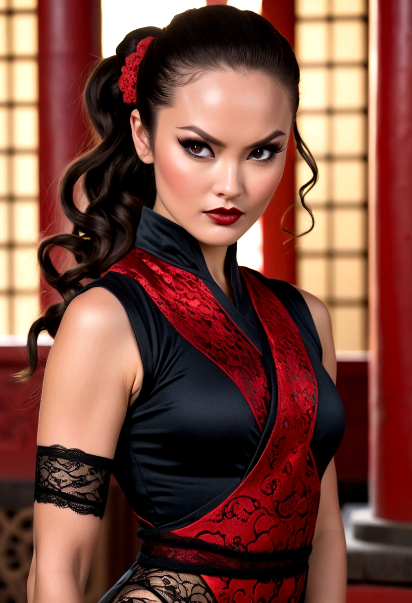 Tori Black asian ninja warrior, ringlets wavy five feet long black hair, updo hairstyle with ponytail on one side and hair needles on top, dark red glossy lips, heavy black eye shadow long black eyeliner, long sharp nails, black lace beautiful and creative sleeveless ninja warrior bodysuit, forehead lace ornament, posing in a Shaolin temple interior, happy expression dark ambience. No faces on her chest!