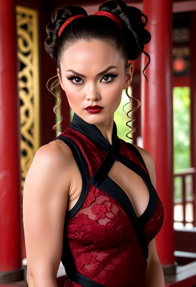 Tori Black asian ninja warrior, ringlets wavy five feet long black hair, updo hairstyle with ponytail on one side and hair needles on top, dark red glossy lips, heavy black eye shadow long black eyeliner, long sharp nails, black lace beautiful and creative sleeveless ninja warrior bodysuit, forehead lace ornament, posing in a Shaolin temple interior, happy expression dark ambience. No faces on her chest!