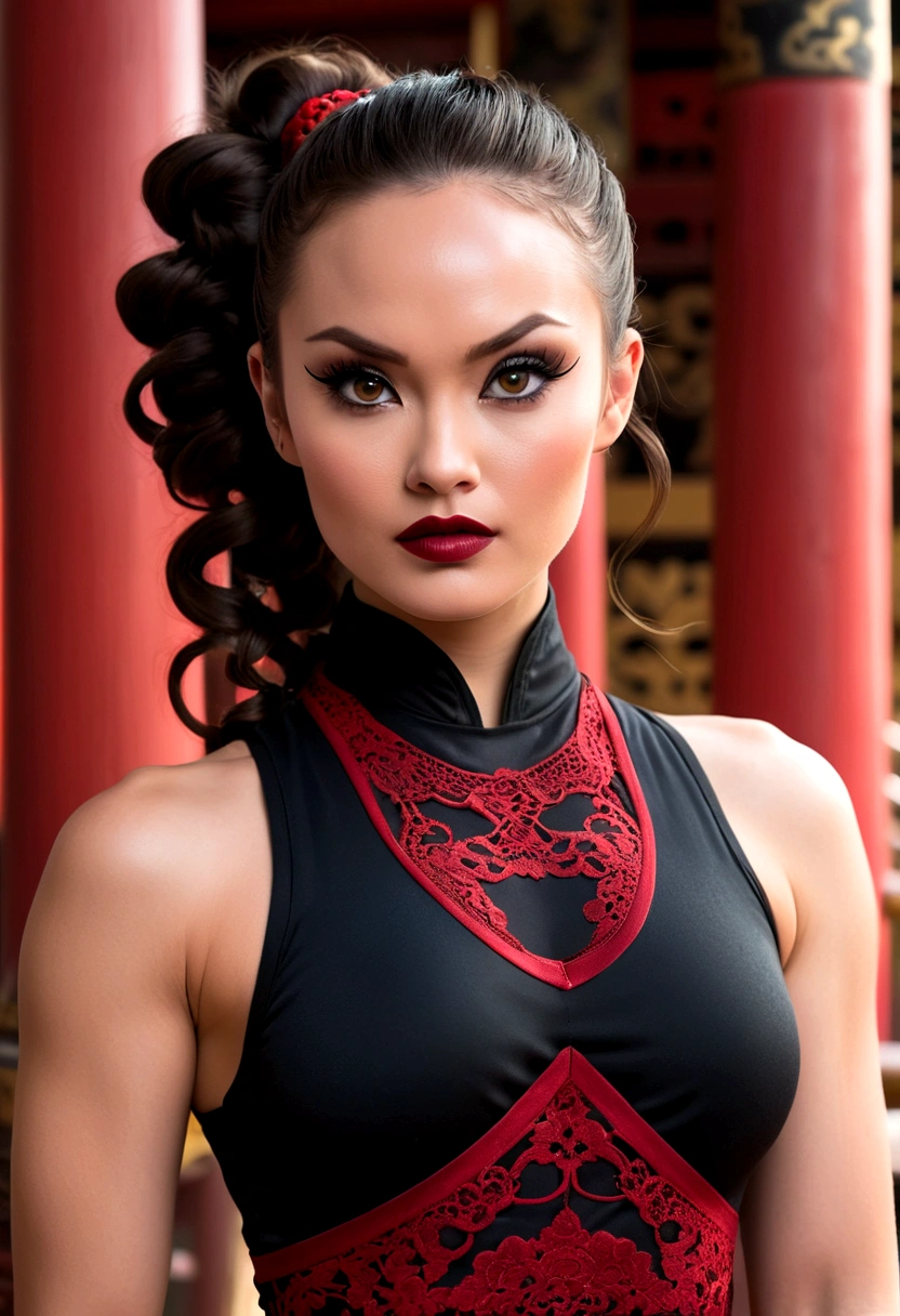 Tori Black asian ninja warrior, ringlets wavy five feet long black hair, updo hairstyle with ponytail on one side and hair needles on top, dark red glossy lips, heavy black eye shadow long black eyeliner, long sharp nails, black lace beautiful and creative sleeveless ninja warrior bodysuit, forehead lace ornament, posing in a Shaolin temple interior, happy expression dark ambience. No faces on her chest!