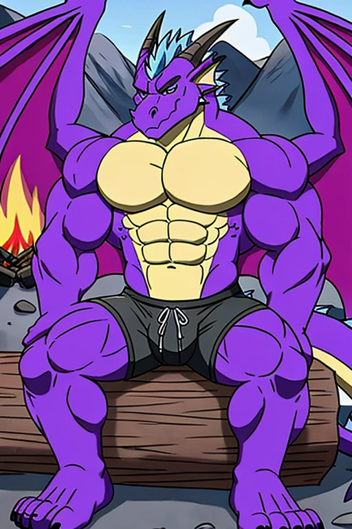 rampage, huge , purple dragon with wings and a very tan chest and has light blue hair on his head)), wearing black shorts and white t-shirt  abs ,anthro ,belly ,big muscles,in the mountain, sitting on a wooden log, bonfire, near tent in the backgroundin the mountain, sitting on a wooden log, bonfire, near tent in the background